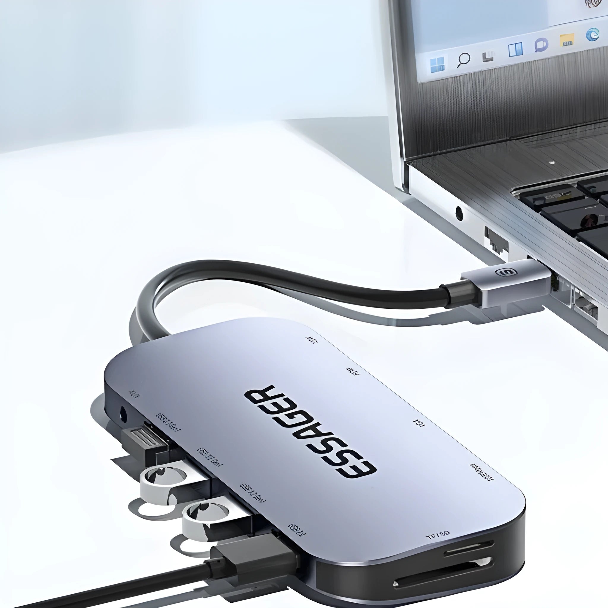 Black 11-in-1 USB-C laptop expansion dock with multiple ports and a 20cm white cable separator.