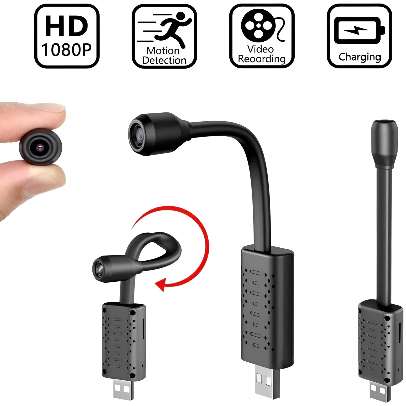 V380 wireless USB HD security camera in black with compact 158mm design