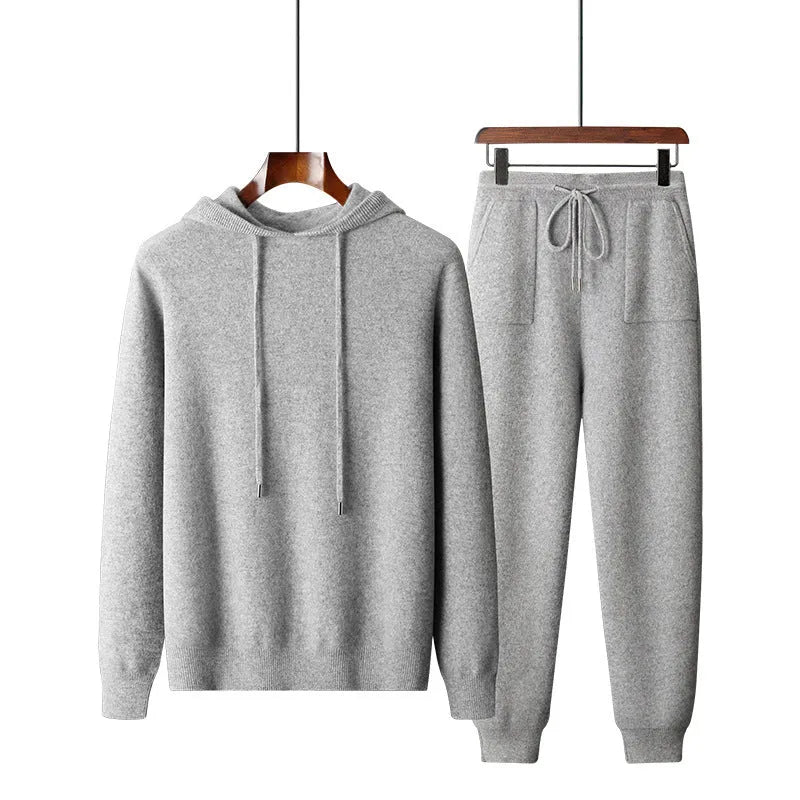 Men's light grey cashmere hooded sweatshirt and matching trousers casual winter set