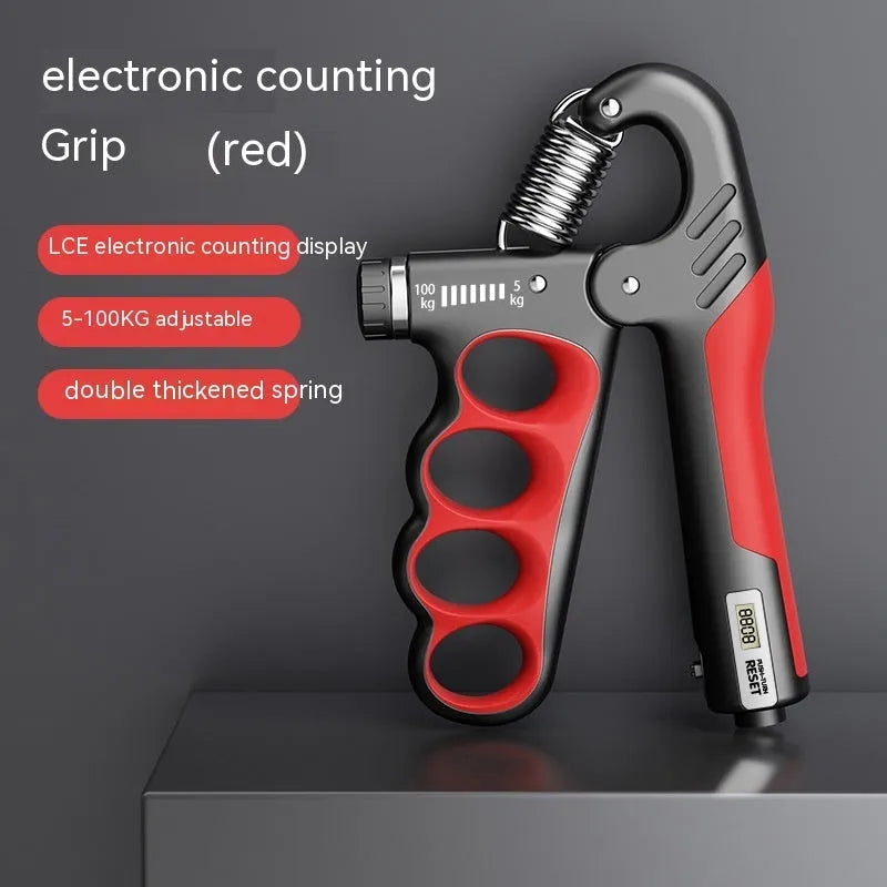 Adjustable electronic count spring grip with orange electronic counter display for hand strength training