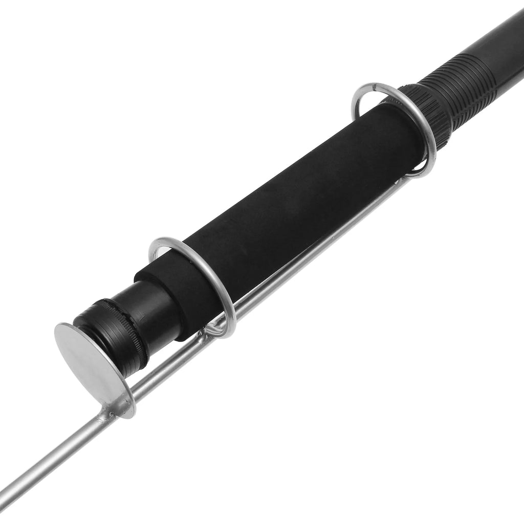 White LED fishing rod light with telescopic pole extended, remote control, showing 120x95mm panel size