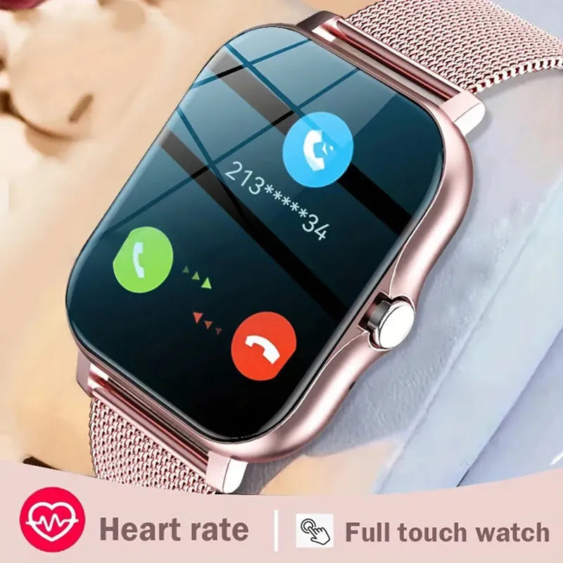Smart watch with 1.44-inch touchscreen displaying health metrics and call interface on silicone wrist strap