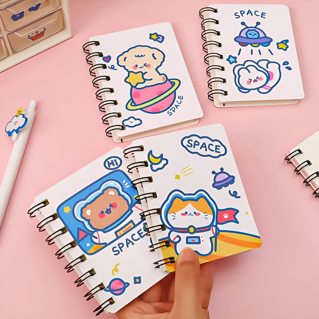 Astronaut-themed pocket flipper notebook measuring 10.5 by 8 centimetres