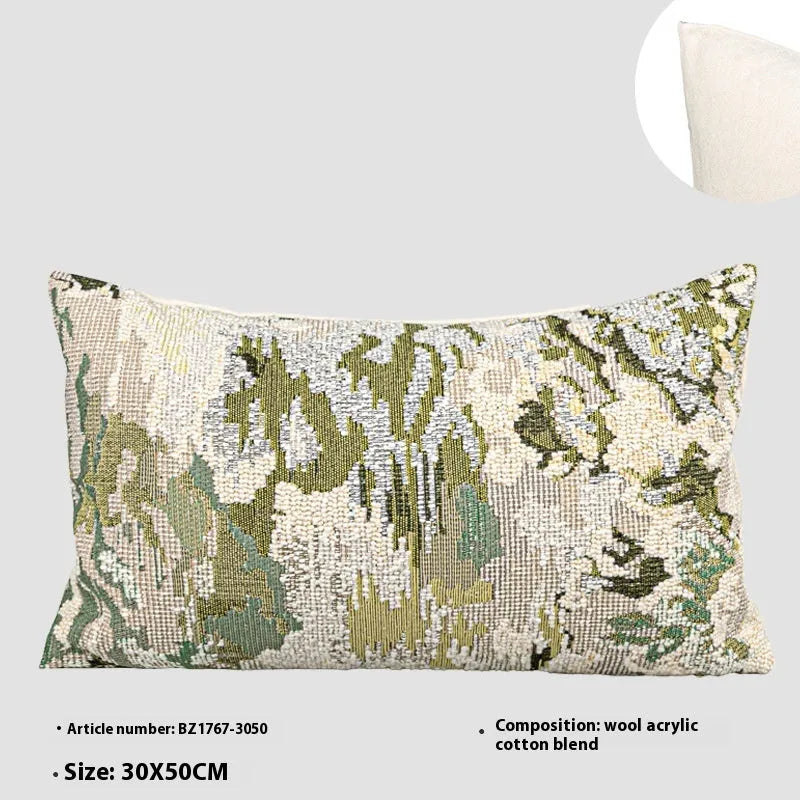 French style antique green wool blended abstract pillow case with spring flower botanical pattern