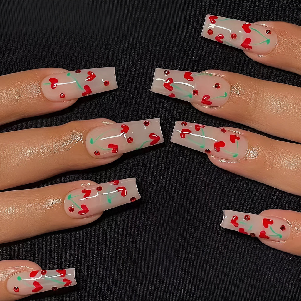French Love Red Diamond small cherry design press-on artificial fingernails in JP1601 colour, 24 piece set with glue