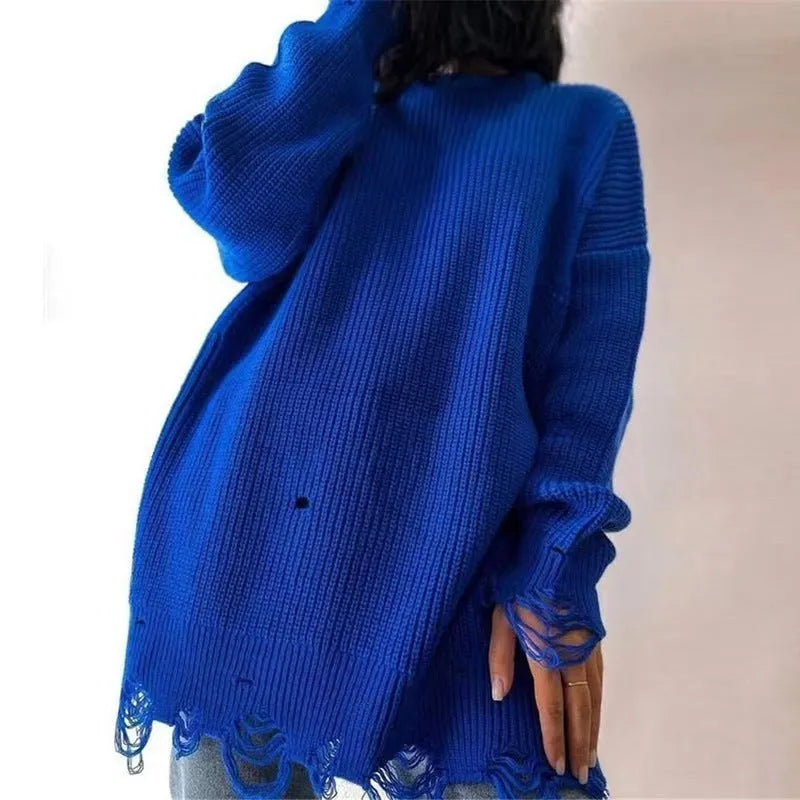 Women's loose hole knitted pullover sweater in solid colour, available in Rose Red, black and khaki, sizes S to XL