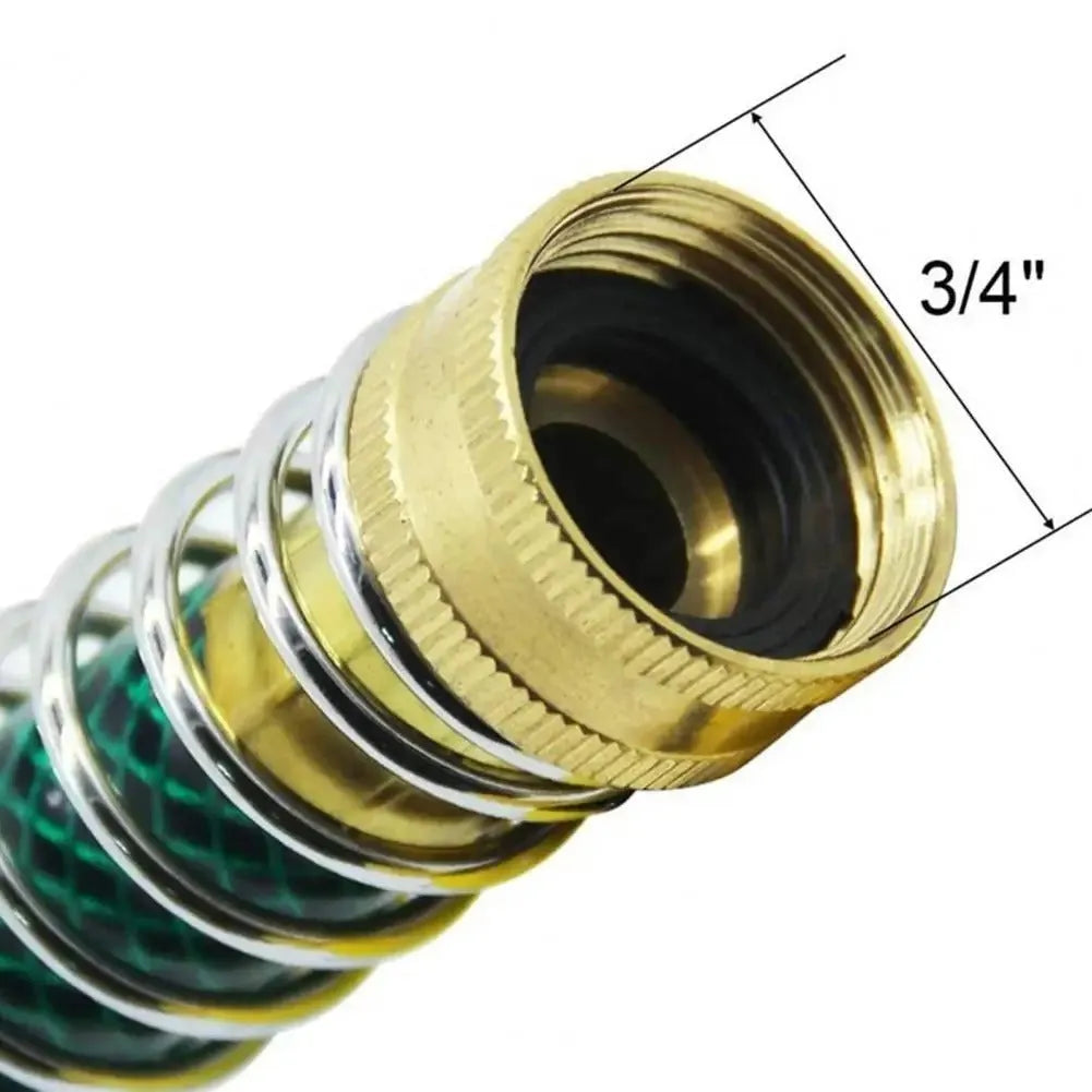 Brass garden hose spring connector with spiral anti-kink mechanism and threaded fittings