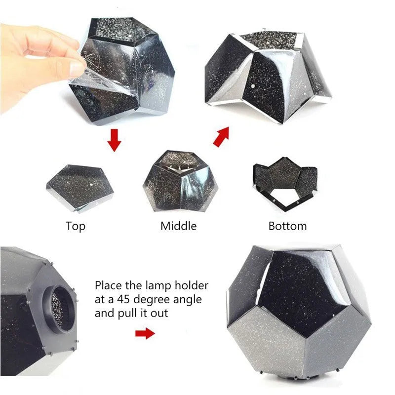 LED starry sky projector night light showing constellation projection on a bedroom ceiling