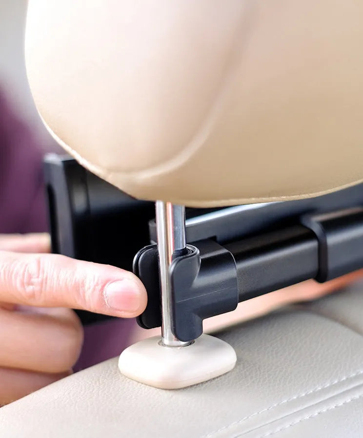 Black car phone holder mounted on rear seat base with universal tablet cradle