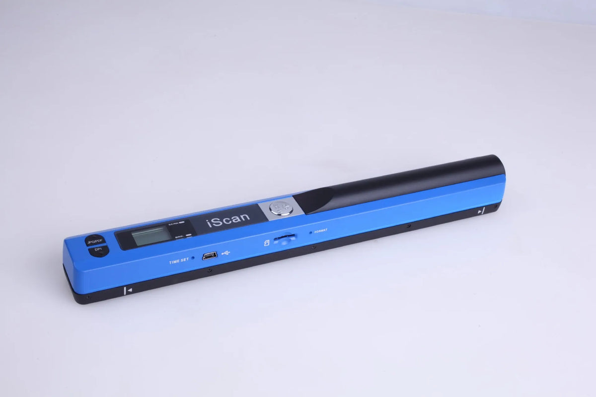 Handheld plastic barcode scanner available in five colours: black, blue, green, red, silver