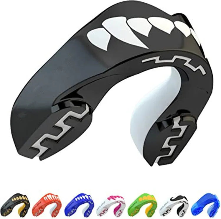 Adult boxing sports mouthguard with tooth socket free design in black, red, or blue with white teeth print.
