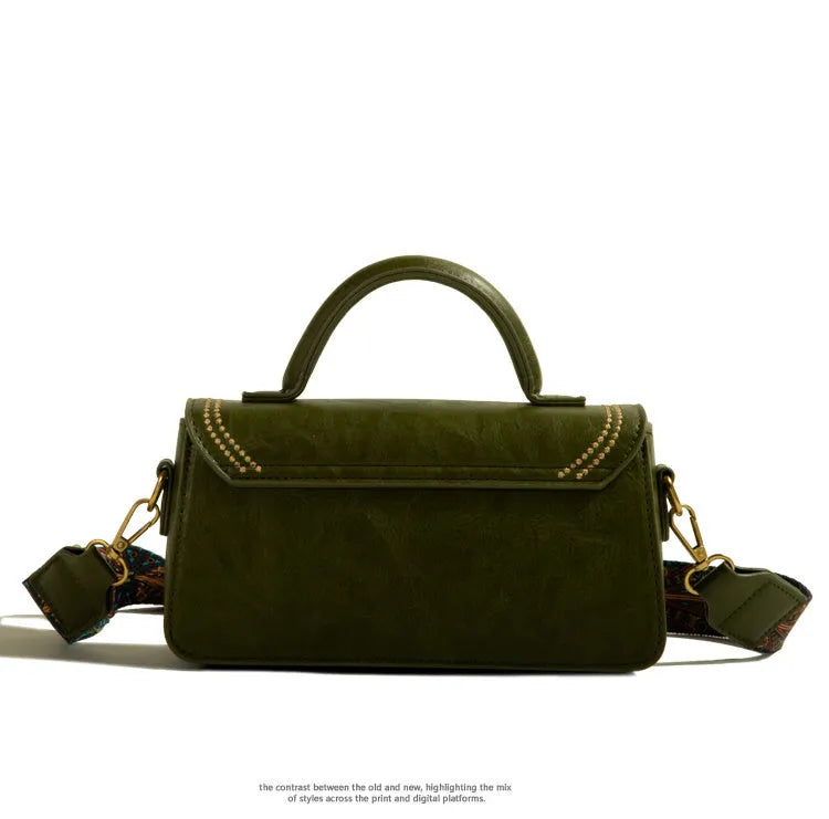Brown retro messenger bag with square vertical design showing internal phone pocket and document compartment
