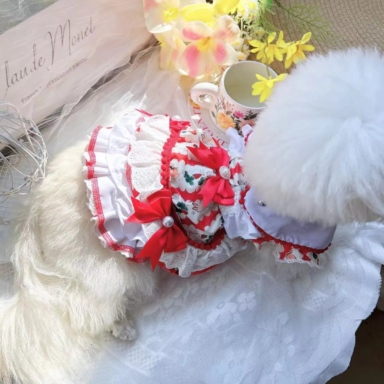 Princess-style rabbit skirt dog dress on a small dog, showing lightweight polyester construction.