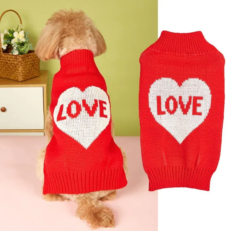 Red dog sweater with a white love heart pattern on the back, sized for a small dog.