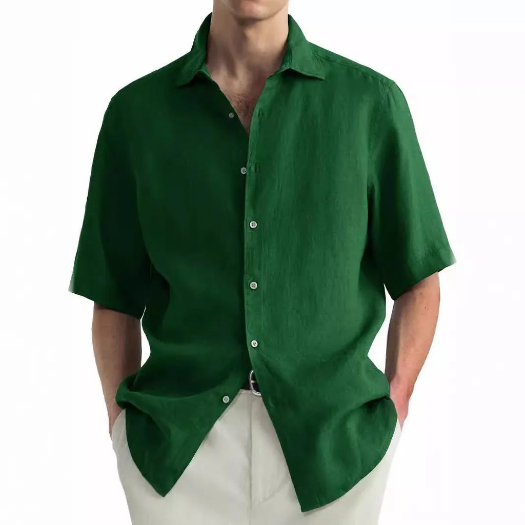 Green washed cotton men's shirt and trousers set in cardigan style