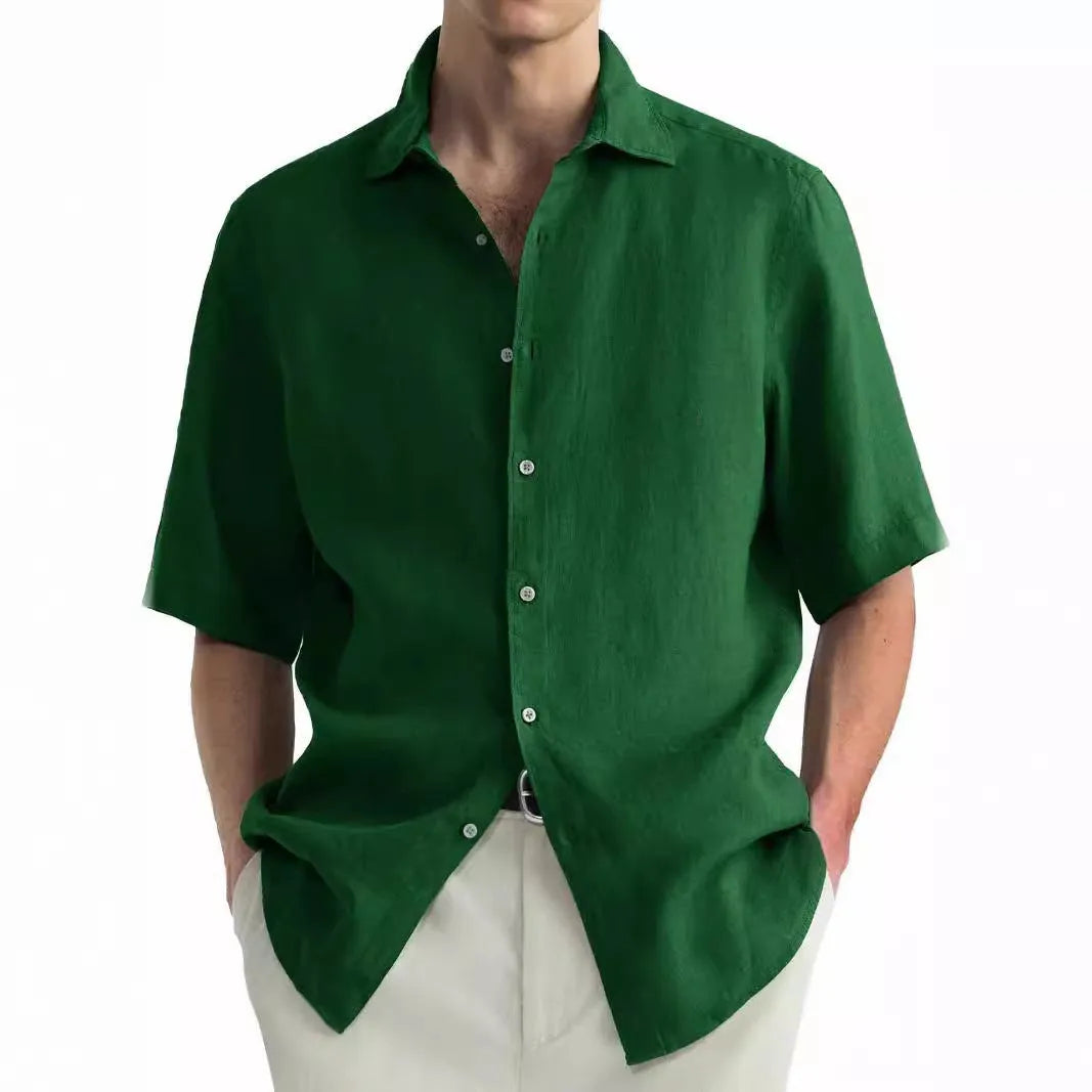 Green washed cotton men's shirt and trousers set in cardigan style
