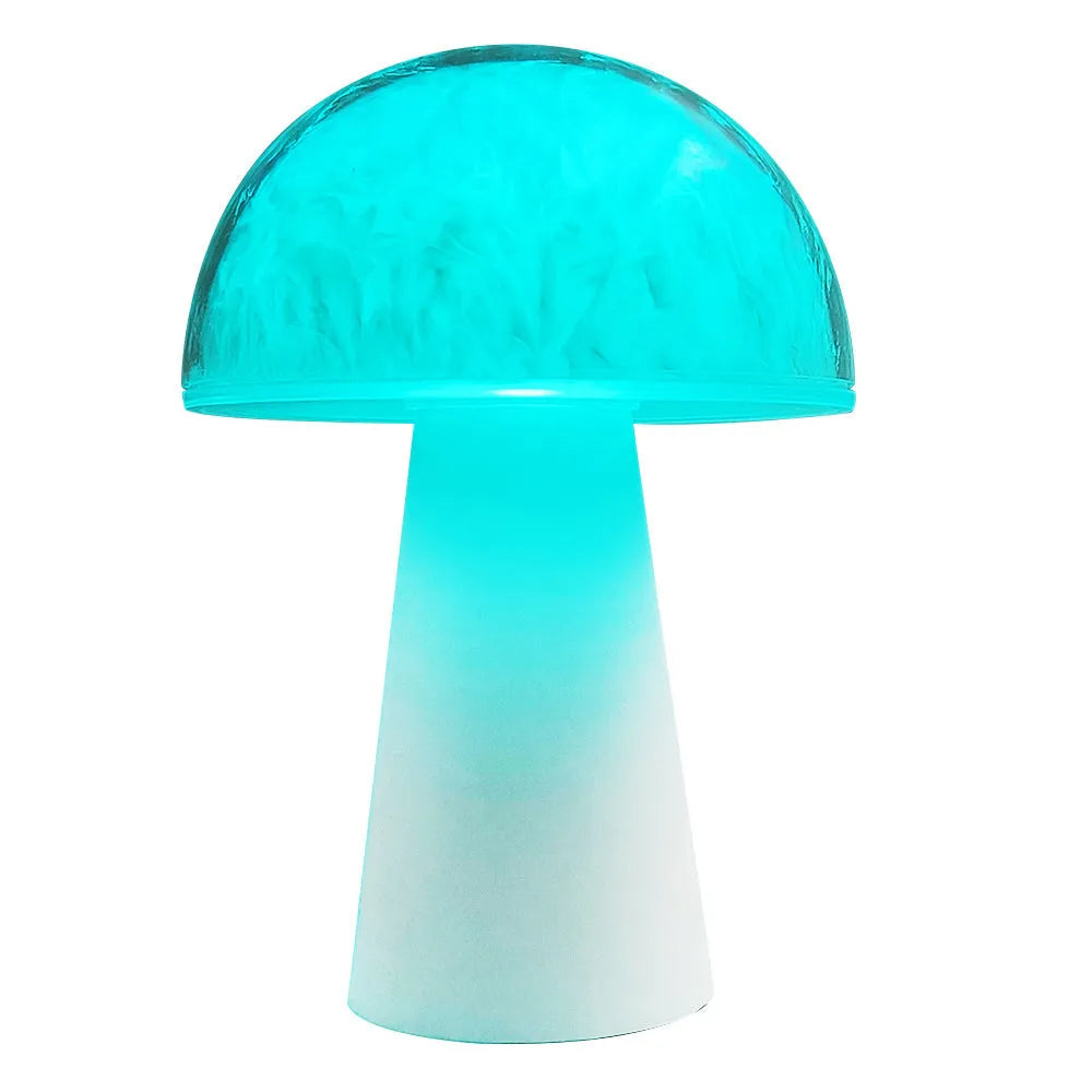 Mushroom-shaped remote control ambience light with colourful RGB lighting on wooden surface