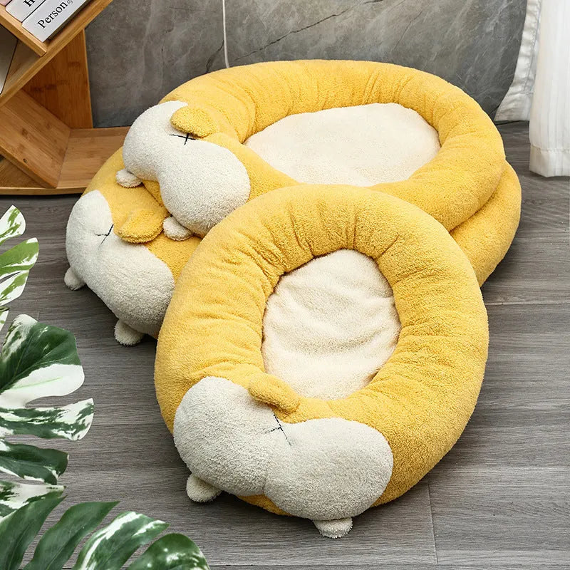 Corgi-shaped plush pet bed for dogs or cats in small, medium, or large size.