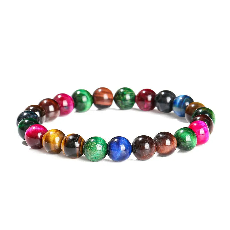 Colourful tiger-eye stone bracelet with mixed 6mm, 8mm, 10mm, 12mm beads on string