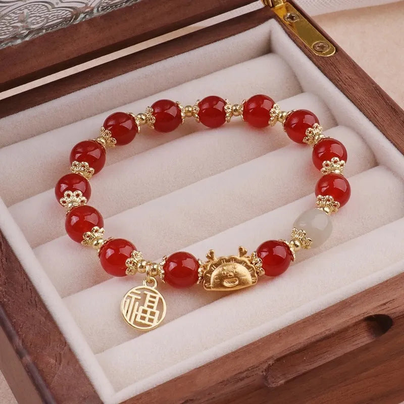 Floral glazed zodiac animal bracelet for women with coloured glass beads in red, pink, and white pearl colour variations