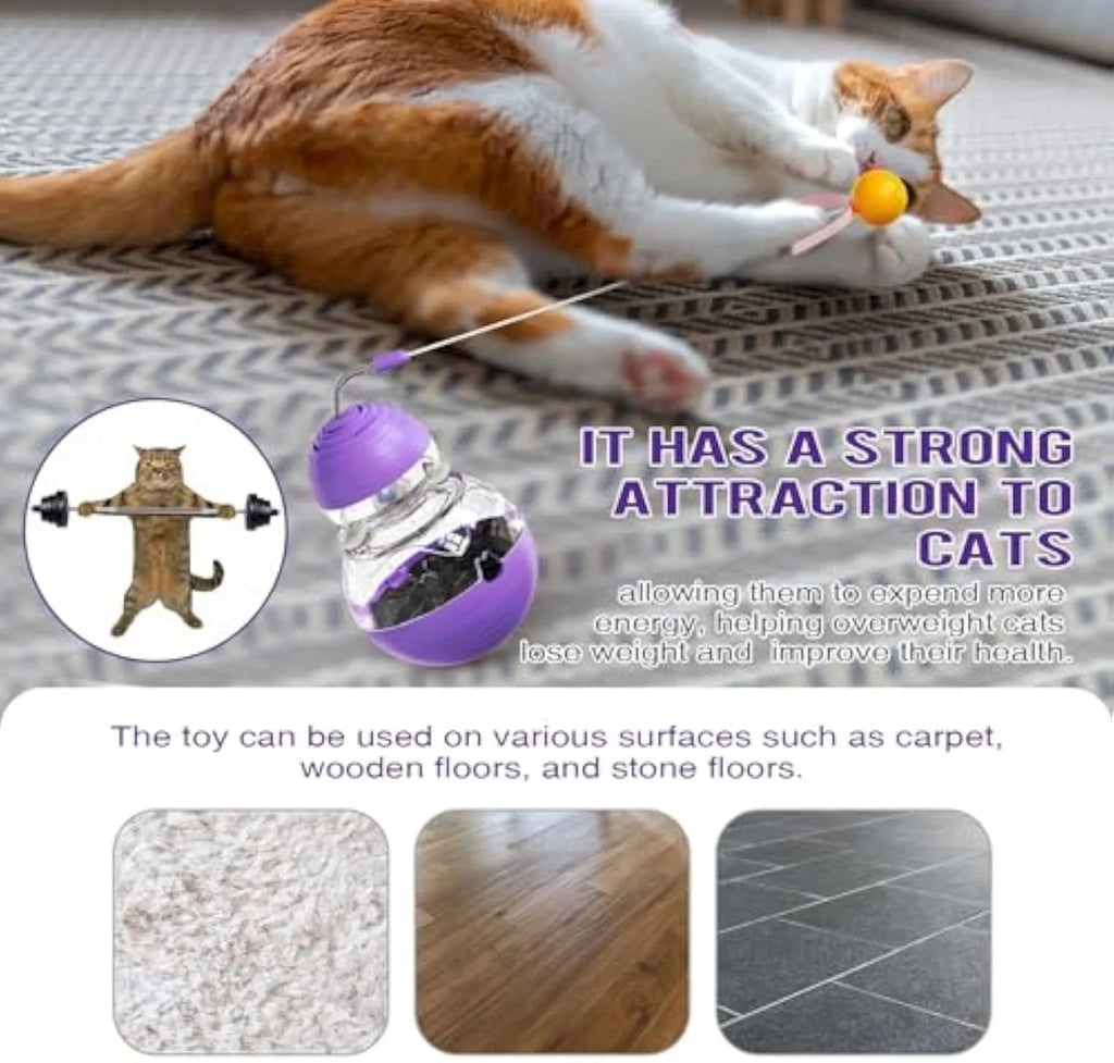 Electric yellow cat interactive wand toy with rocking base, teasing stick, and built-in food dispenser