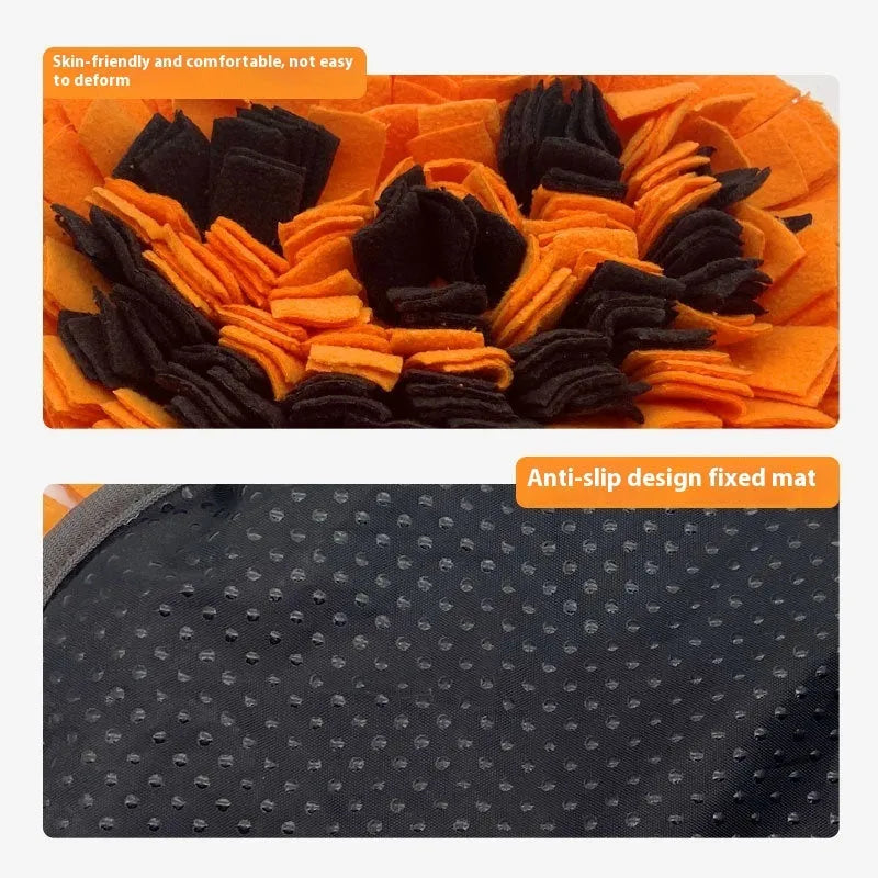 Orange pumpkin-shaped pet smell mat for slow feeding with polar fleece texture