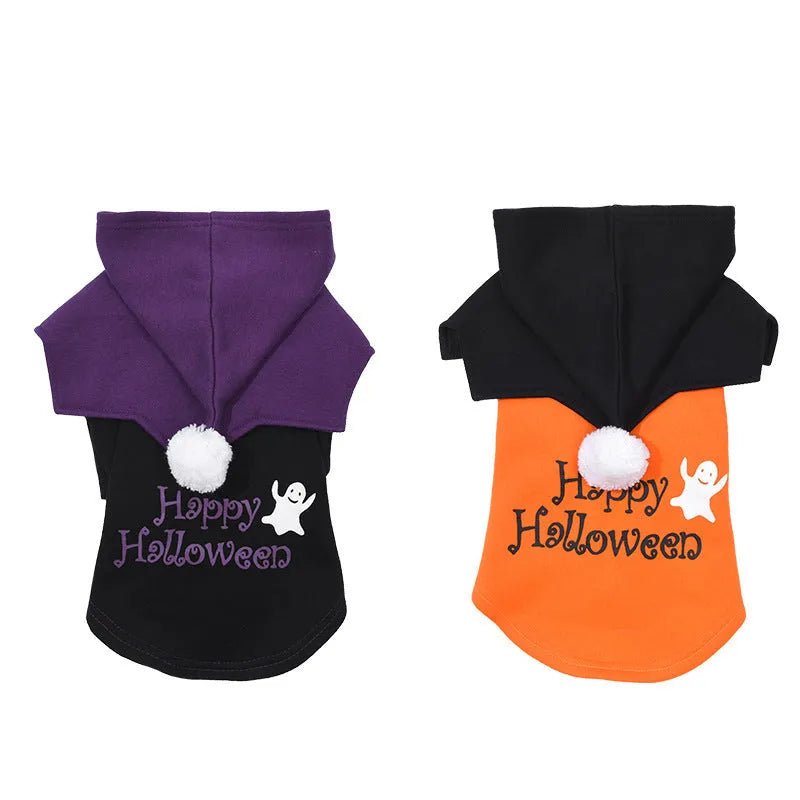 Black and orange Halloween dog sweater with pumpkin shawl costume on pet