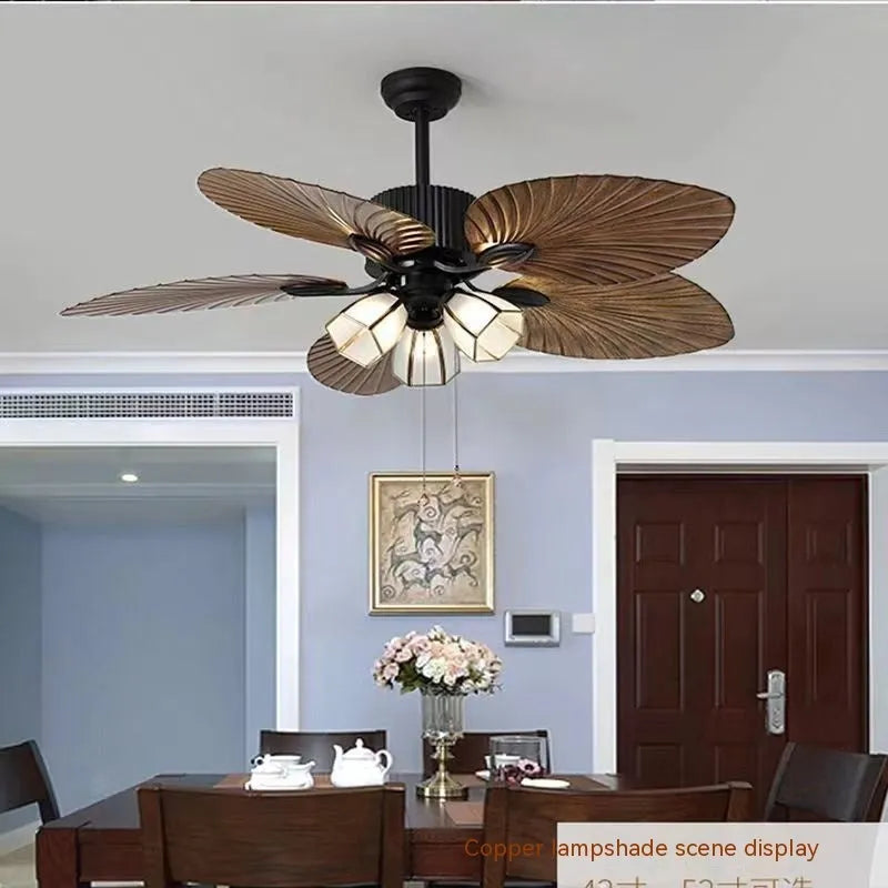 52-inch retro-style ceiling fan light with wooden blades and integrated lighting fixtures