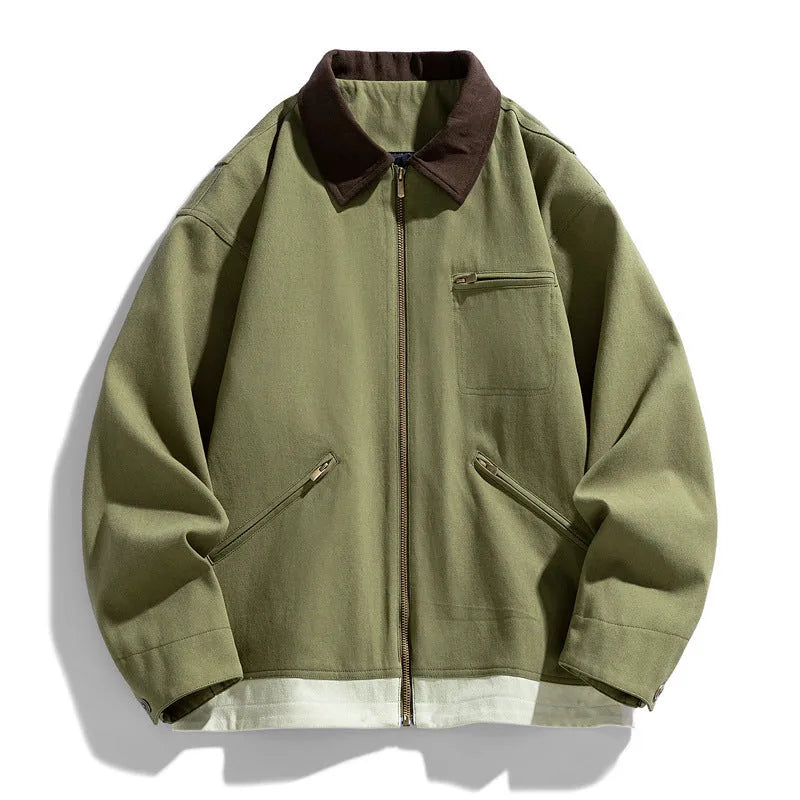 Men's loose fit Korean style jacket with contrast lapels and side seam pockets in mint green colour