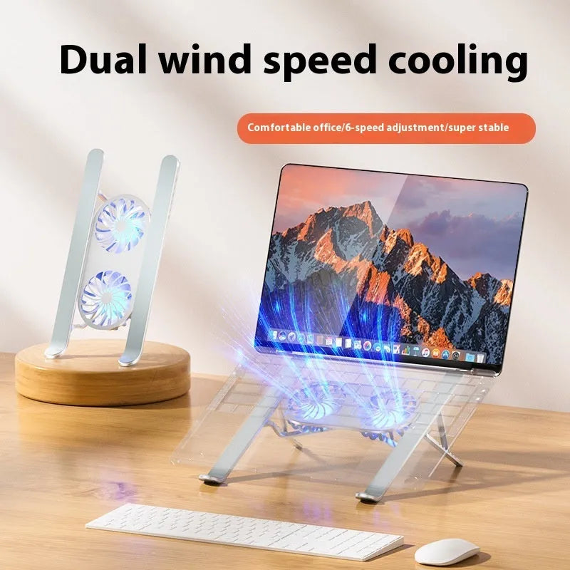 Silver aluminium laptop cooling stand with twin fans and height adjustment mechanism