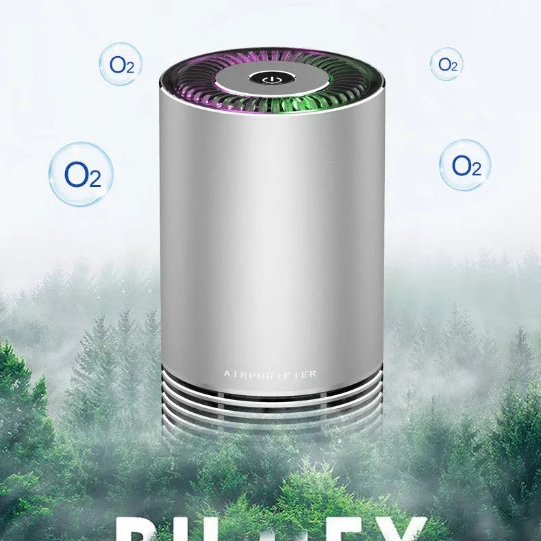 Compact metallic car air purifier on a dashboard with Black, Silver, and Grey colour options.