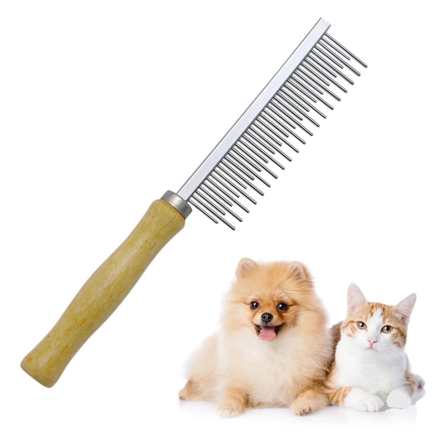 Wooden handle pet grooming comb for dogs and cats with rounded teeth