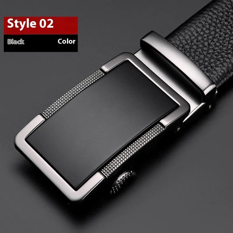 Men's leather belt with an automatic metal buckle in gold, gun black, and silver colours.
