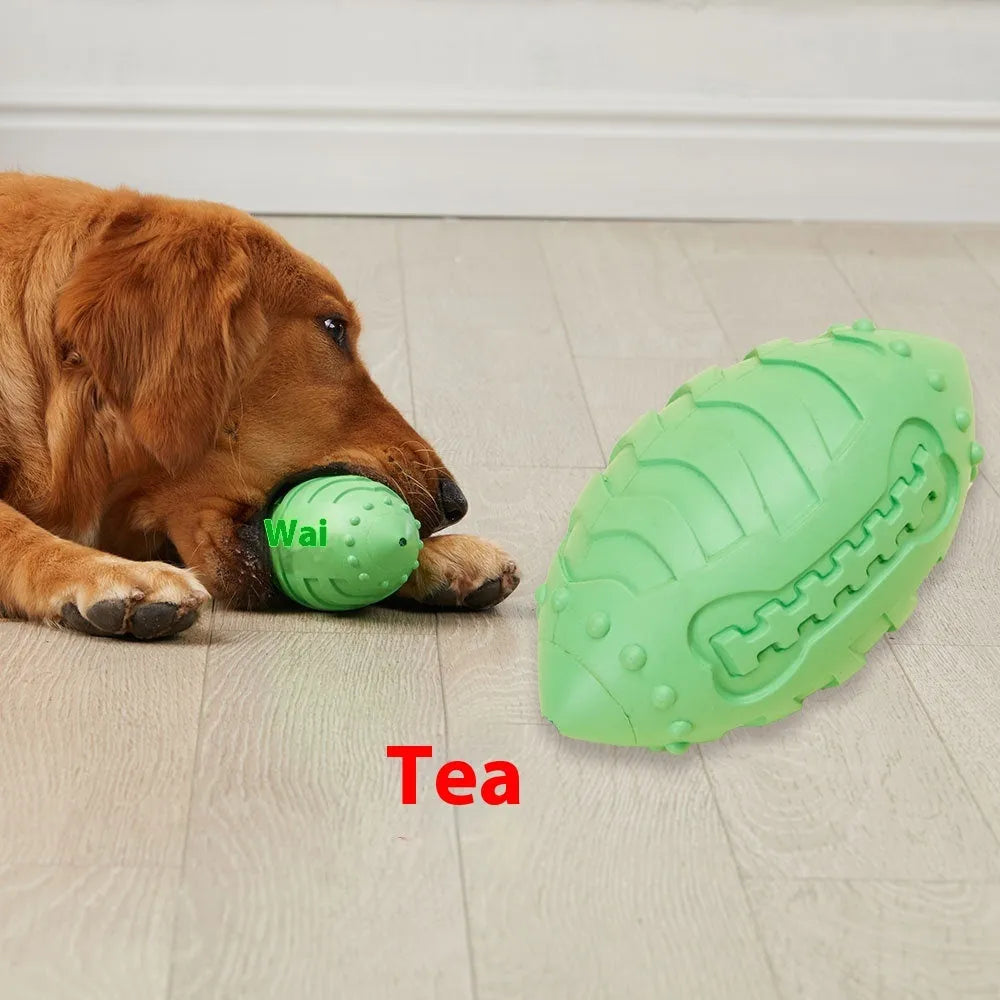 Light green rubber rugby ball dog toy with vocal element for interactive training and teeth cleaning