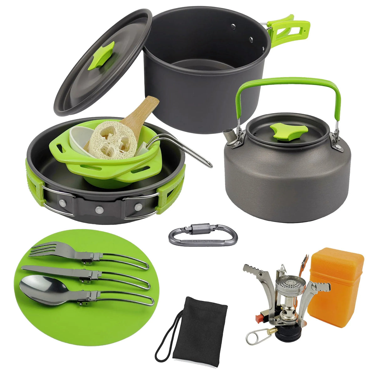 Green camping teapot set with aluminium alloy boiling pot, frying pan, small bowls, burner and cutlery for 2-3 people