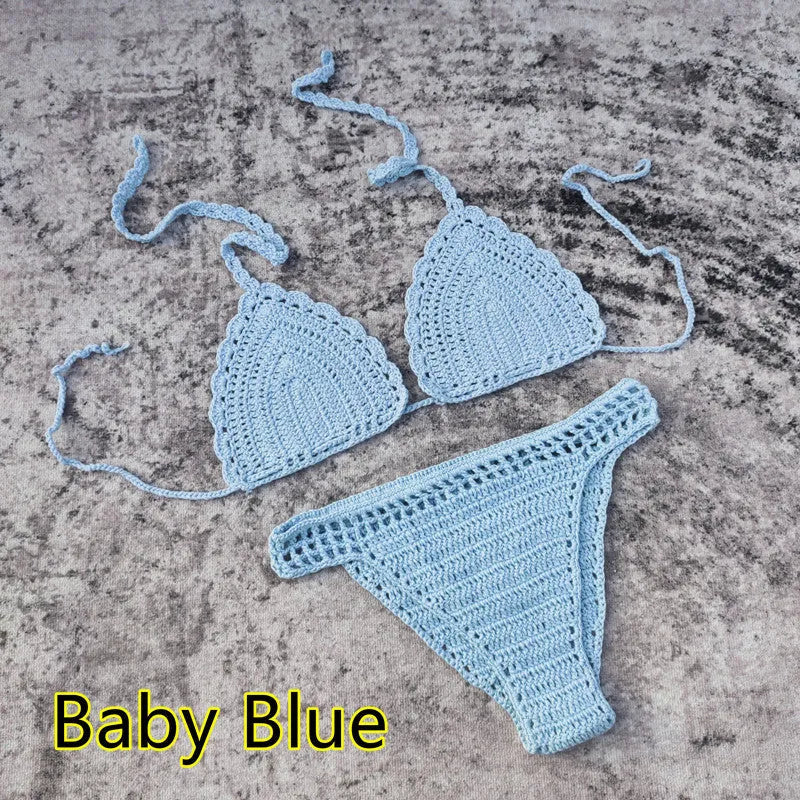 Handmade crochet bikini swimsuit set with matching beach skirt in acrylic fabric
