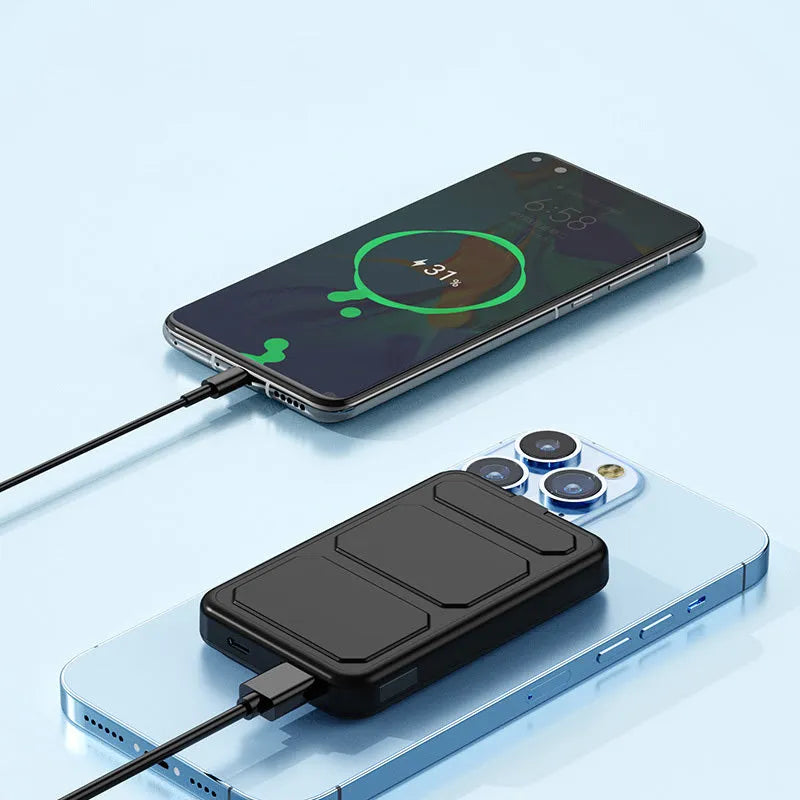 Magnetic wireless charging power bank with folding bracket in various colour options showing dimensions