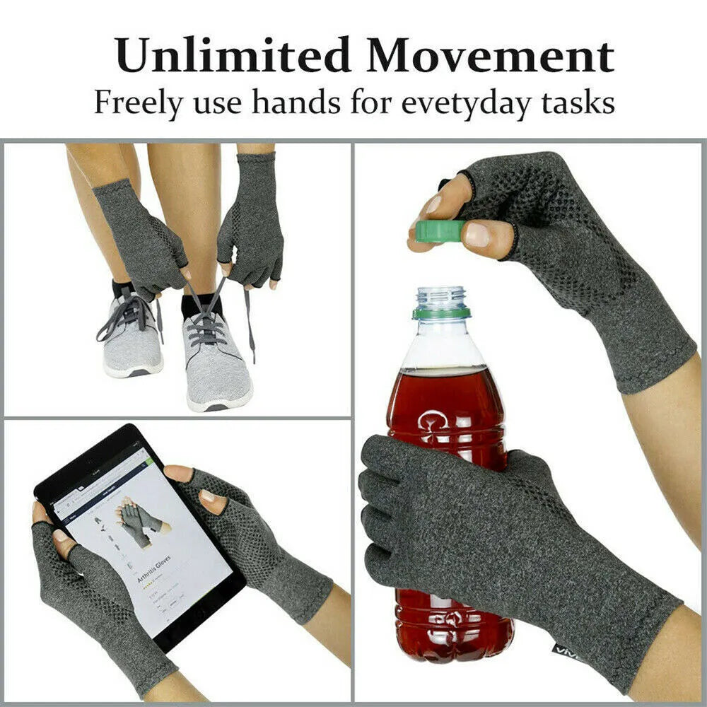 Grey half finger joint compression gloves with anti-slip grip on a hand.