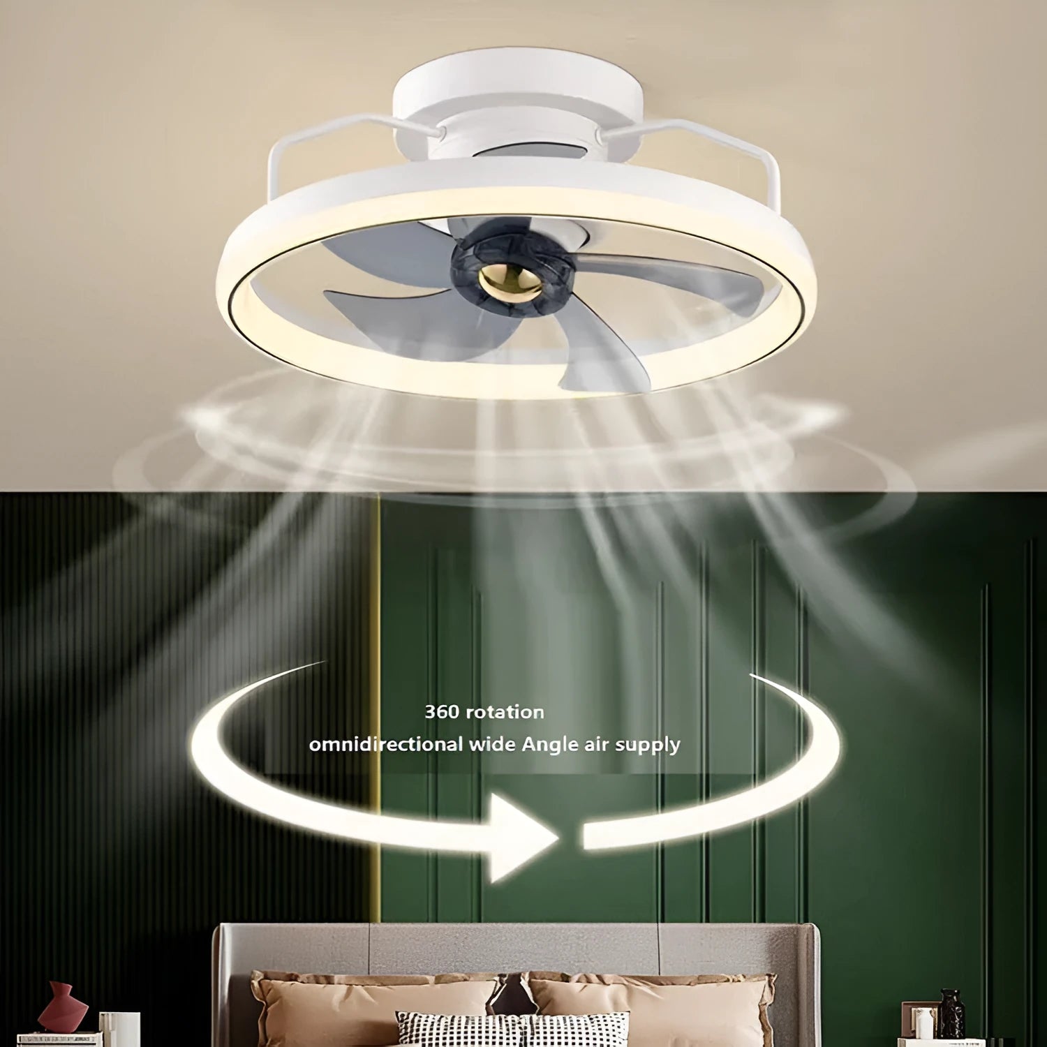Modern simple style ceiling fan with integrated light, 500mm diameter with PC blades and acrylic shade.
