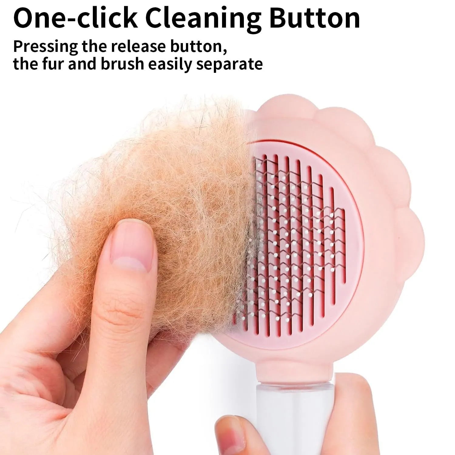 Grey, green, and pink spray cat brush with a release button and curved stainless steel bristles.