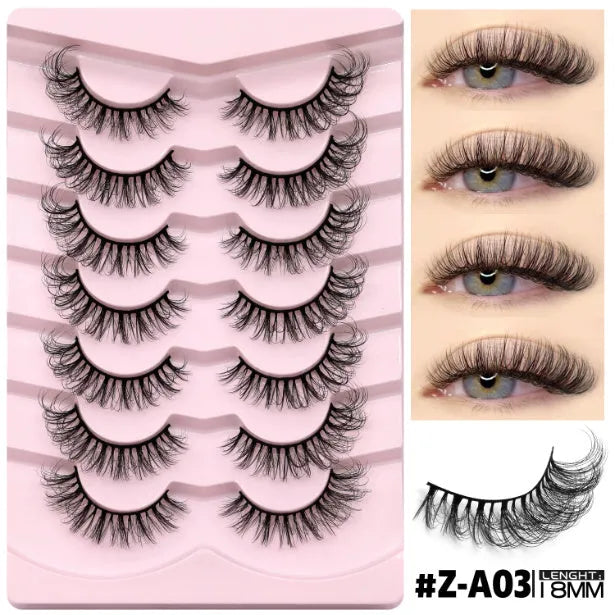 Natural false eyelashes in box with adhesive glue, artificial fibre construction, thick natural long style