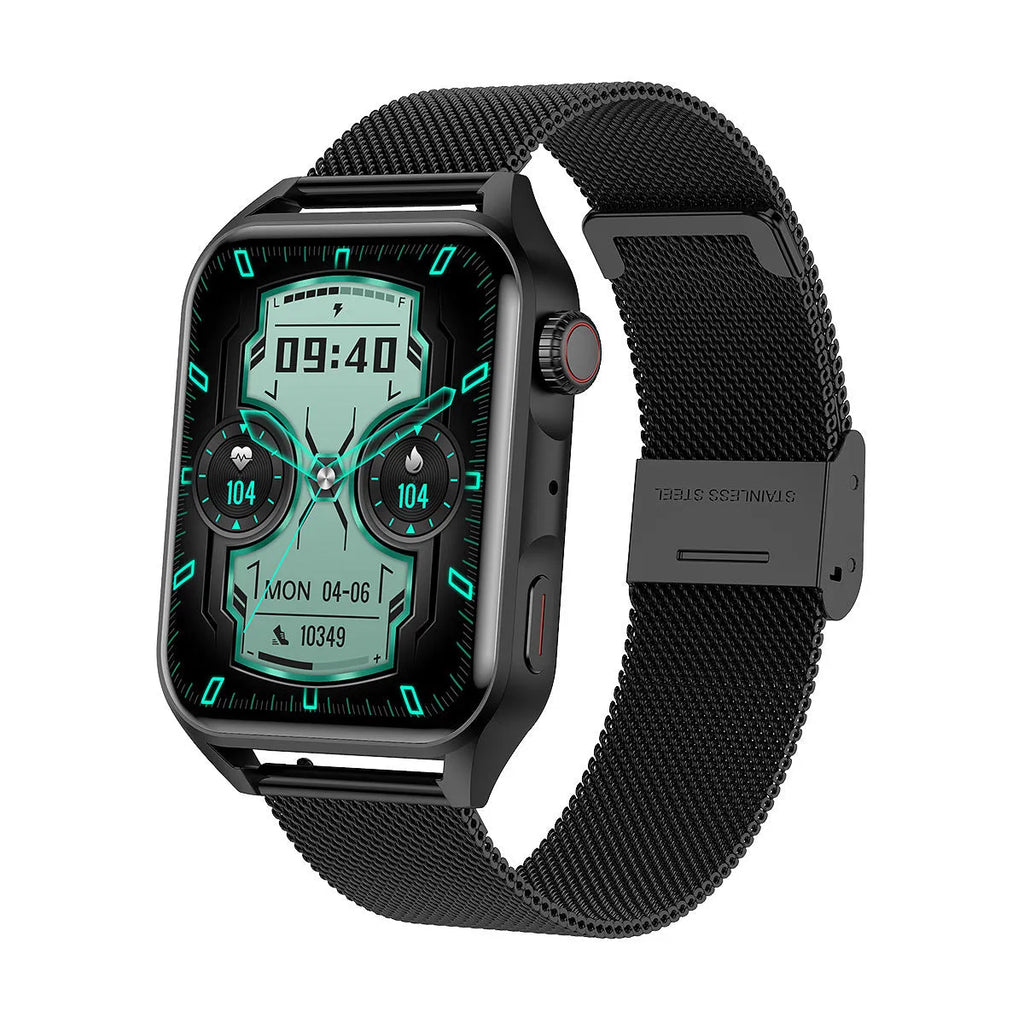 Smart watch with a 1.8 inch screen on a silicone wrist strap, shown in pink, black, and silver grey colours.