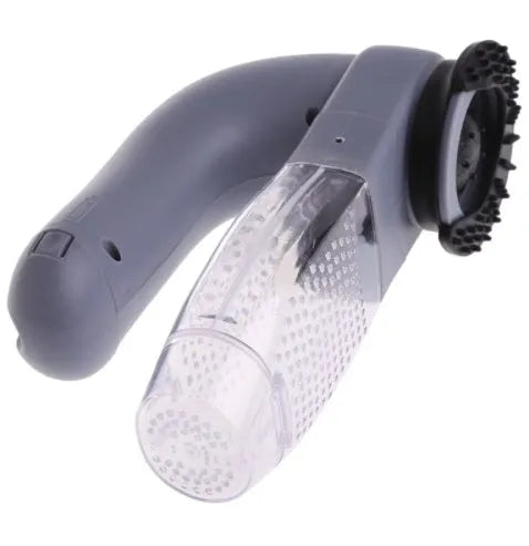 Grey portable pet hair vacuum cleaner with soft rubber head and large collection canister