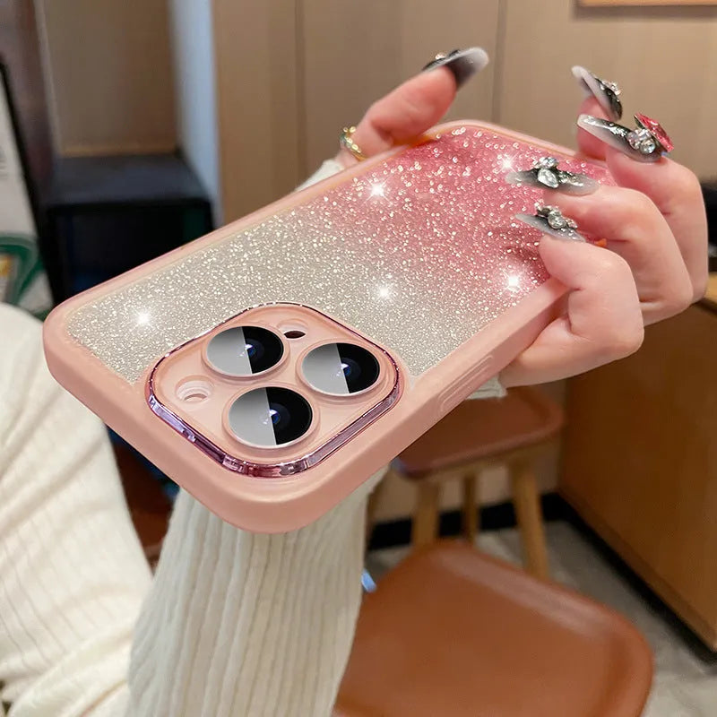 Ultra-thin glitter gradient magnetic phone case for iPhone on a table, showing silver colour shift.