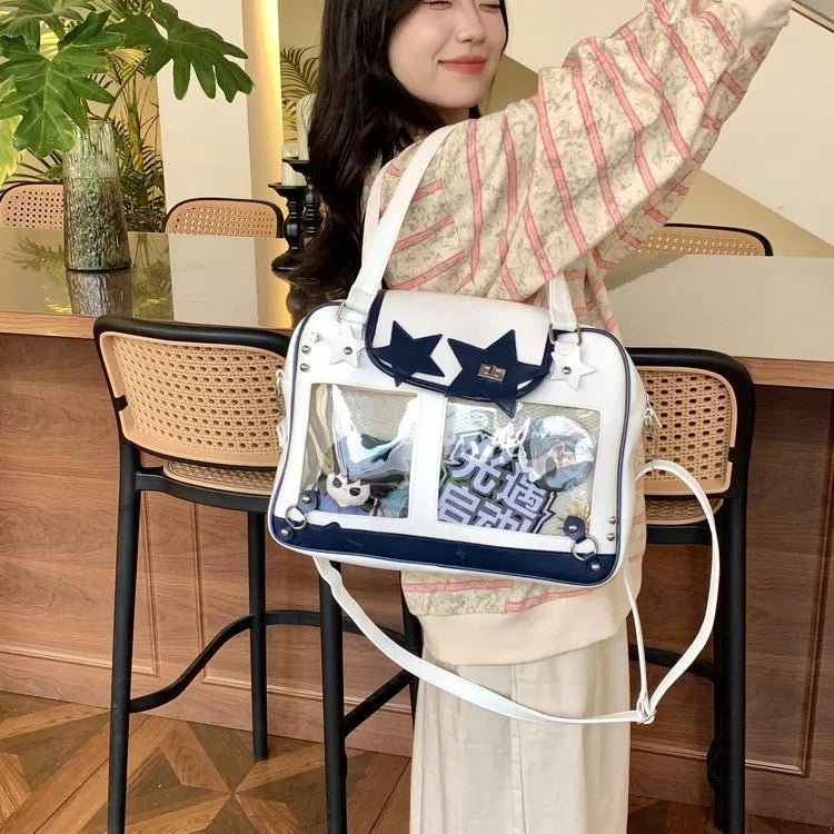 Preppy style PU shoulder messenger bag, 36x21x7cm horizontal square, contrast colour, with mobile phone bag