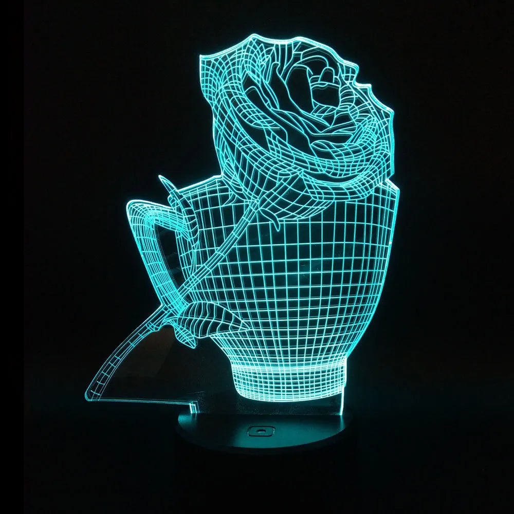 3D rose-shaped night light with colour-changing LED illumination on acrylic panel with ABS base
