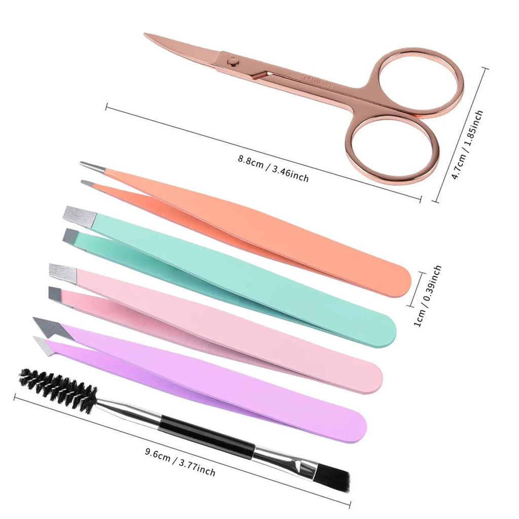 Black leather case containing six piece stainless steel eyebrow tweezers set with curved scissors and brush