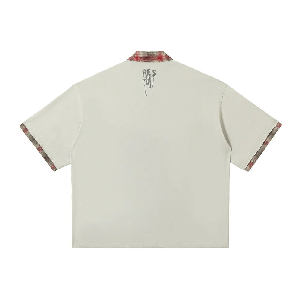 Men's loose graffiti print cotton top with asymmetric lapel in blue and red colours