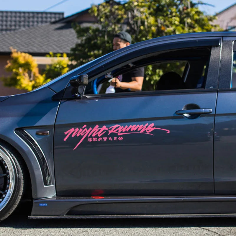 Nightwalker black and colourful car decal sticker for rear windshield, showing 20cm and 32cm length options.