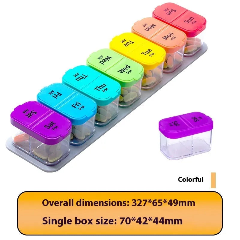 Extra large white and rainbow coloured 14-compartment pill box organiser with removable sections
